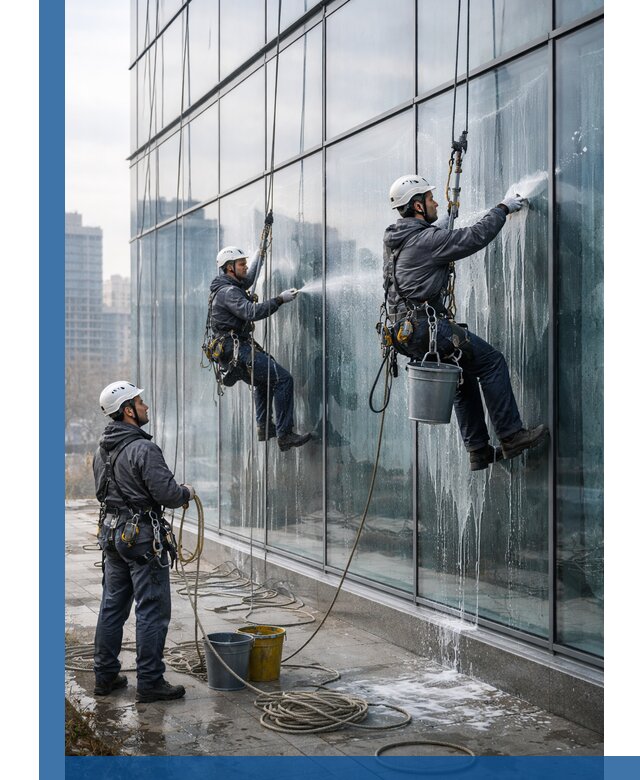 Промышленная мойка панорамных окон на высоте в Кунгуре