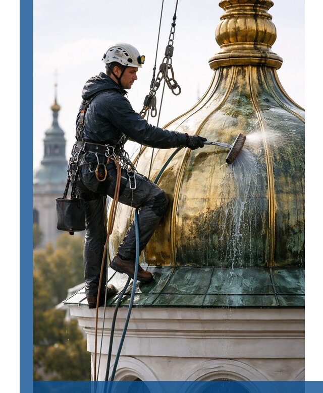 Профессиональная мойка куполов и шпилей высотными альпинистами в Кунгуре