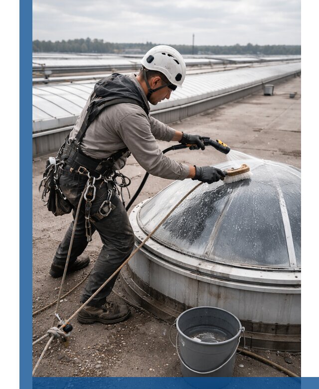 Мойка зенитных фонарей на кровле для промышленных объектов в Кунгуре