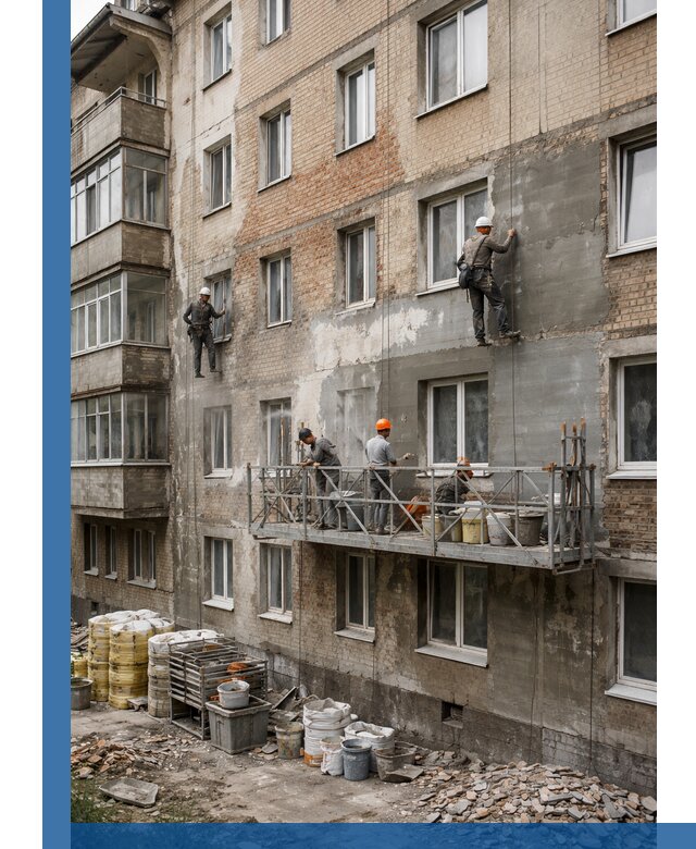 Капитальный ремонт фасада в Кунгуре с восстановлением и гидроизоляцией