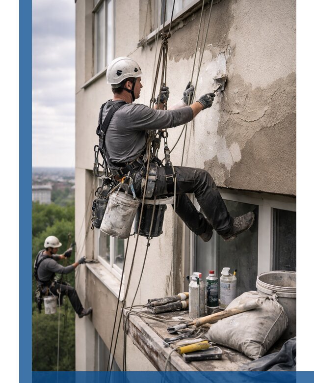 Косметический ремонт фасада зданий в Кунгуре промышленными альпинистами