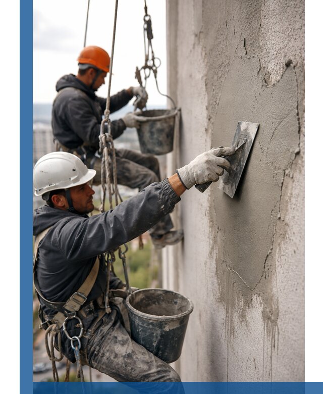 Штукатурка фасада на высоте в Кунгуре профессиональные работы