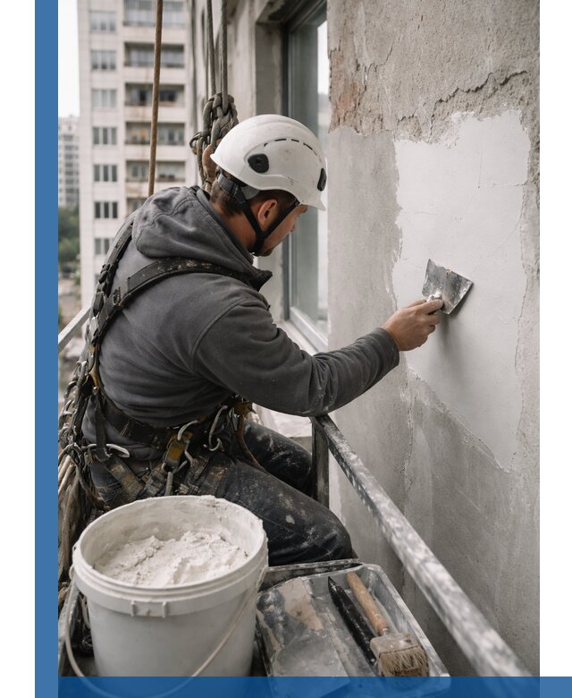 Шпаклевка фасадов на высоте с промальпинистами в Кунгуре