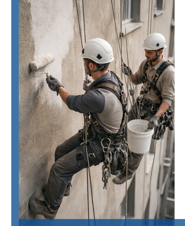 Грунтовка фасада на высоте в Кунгуре промышленными альпинистами