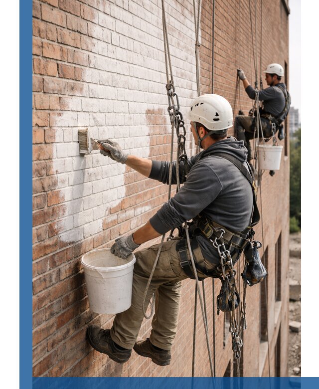 Покраска кирпичного фасада с доступным альпинистским сервисом в Кунгуре