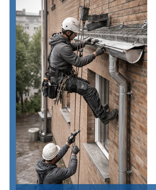 Монтаж водосточной системы на здании в Кунгуре под ключ