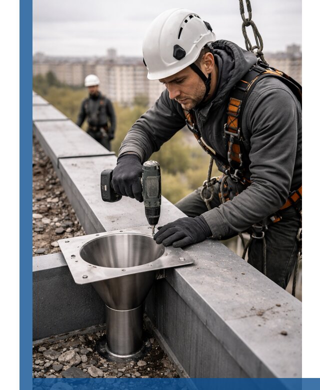 Монтаж водосточных воронок в Кунгуре для промышленных зданий