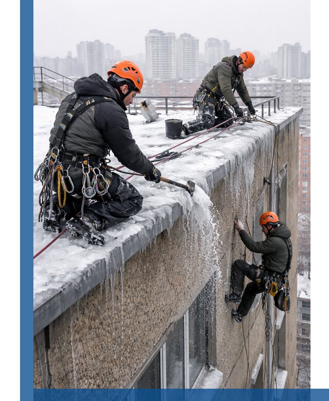 Удаление наледи с кровли в Кунгуре промышленными альпинистами