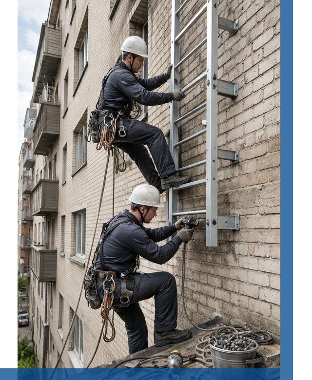 Монтаж пожарной лестницы в Кунгуре от 25640 р заказать у ВЫСОТНИК-Кнг