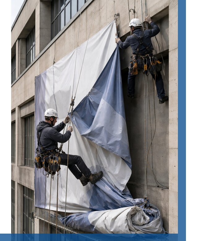 Демонтаж баннеров с фасада в Кунгуре от 4615 р. | ВЫСОТНИК-Кнг