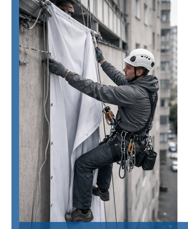 Замена баннерного полотна промышленными альпинистами в Кунгуре
