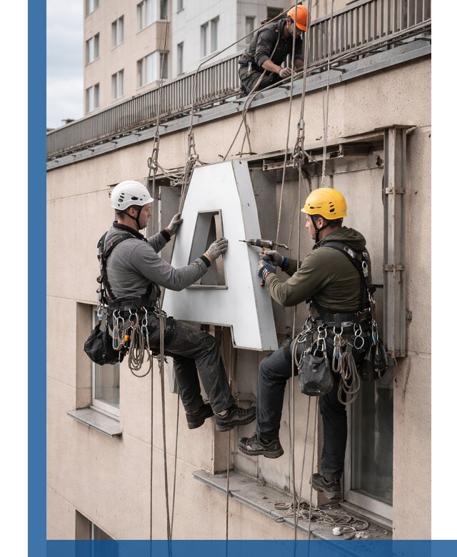 Ремонт и восстановление наружных вывесок на высоте в Кунгуре