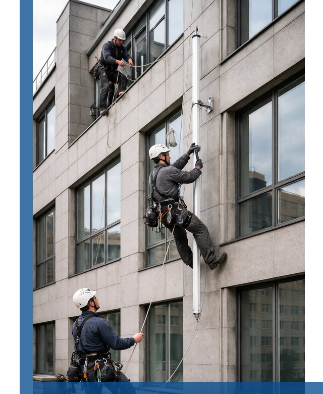Монтаж флагштока на фасаде здания с креплением и герметикой в Кунгуре