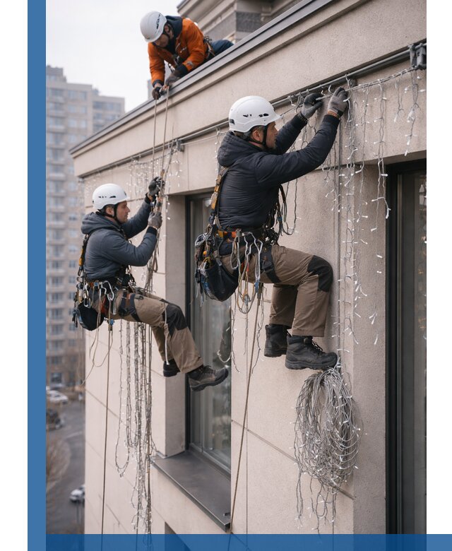 Монтаж праздничных гирлянд на фасаде в Кунгуре для зданий