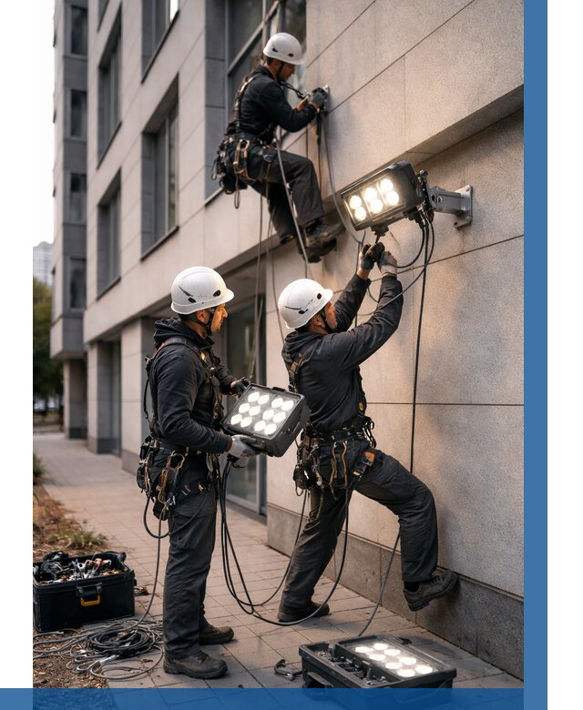 Монтаж прожекторов на фасаде в Кунгуре от 7692 р. | ВЫСОТНИК-Кнг