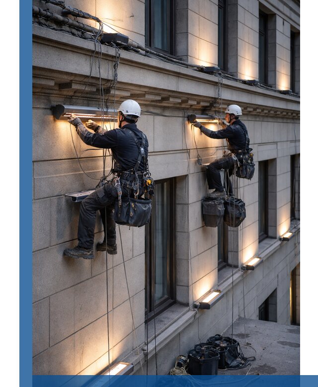 Монтаж архитектурной подсветки фасадов зданий в Кунгуре