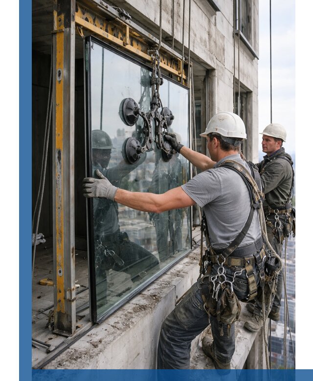 Монтаж стеклопакетов на высоте в Кунгуре с промышленным альпинизмом