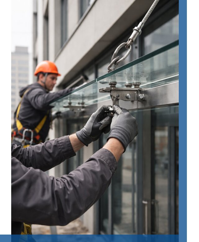 Монтаж стеклянных козырьков в Кунгуре от 8718 р. | ВЫСОТНИК-Кнг