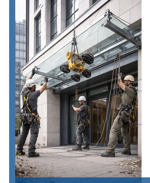 Монтаж стеклянных козырьков под ключ в Кунгуре для зданий