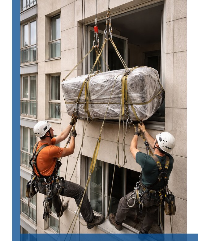 Подъем грузов через окно в Кунгуре промышленными альпинистами