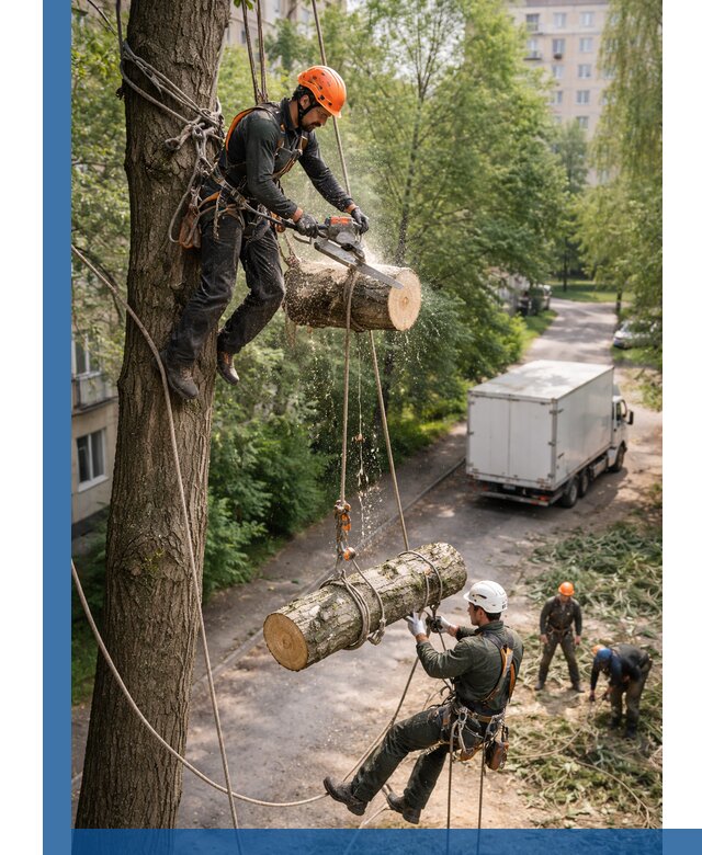 Спил деревьев альпинистами в Кунгуре, безопасно и без повреждений