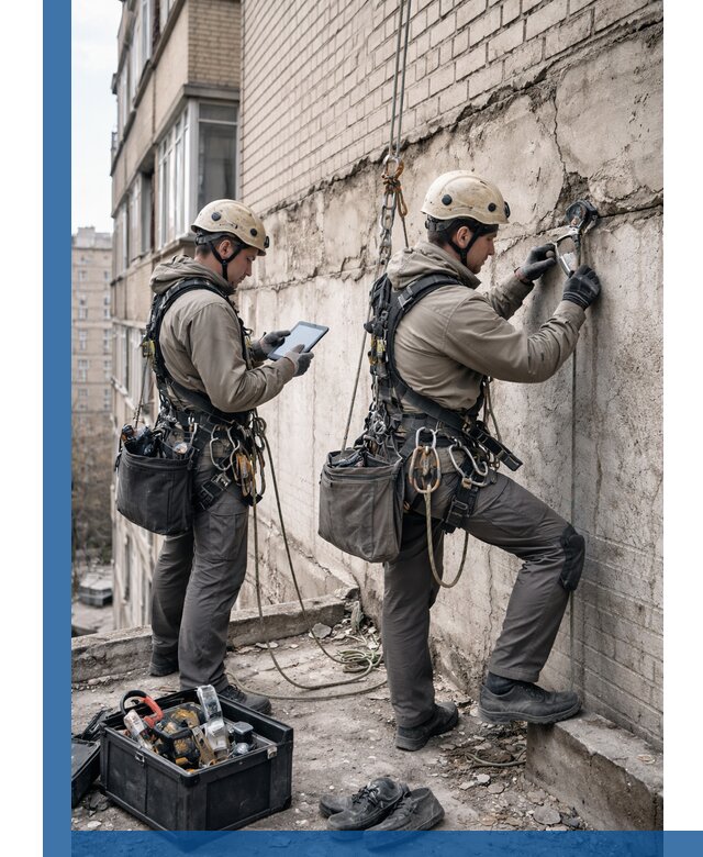 Обследование фасада промышленными альпинистами в Кунгуре